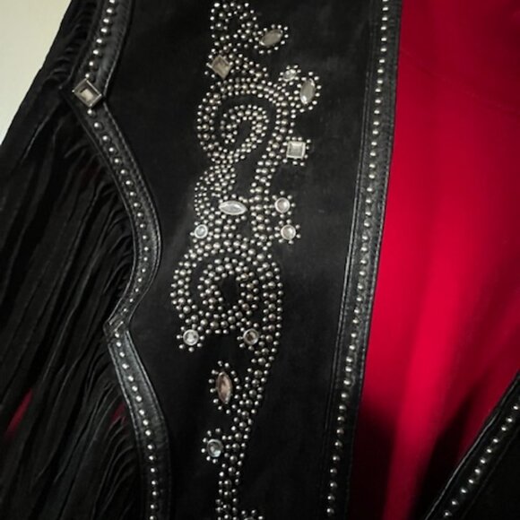 Western Black Leather Shawl with Fringe, Silver Studding and Clear Rhinestones - Picture 8 of 15